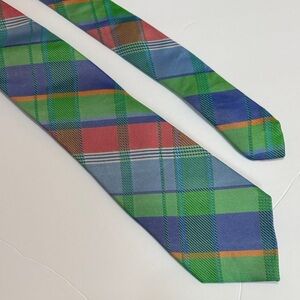 Izod Vibrant Plaid Repp Silk Tie in Green, Blue, and Pink 59 x 3